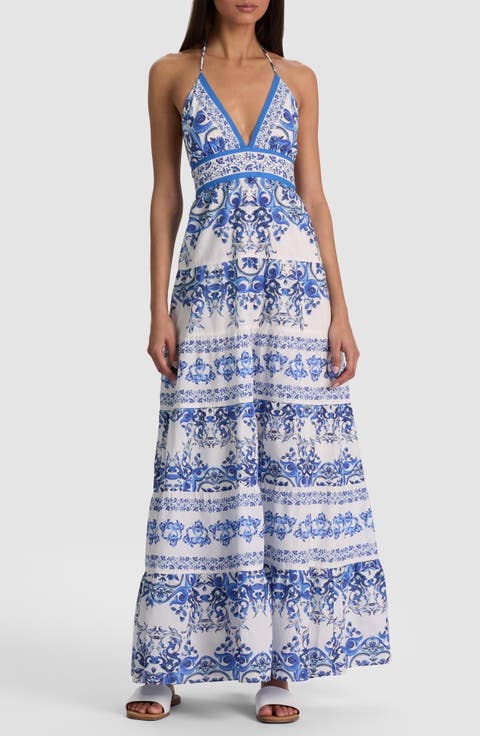 Karolina Print Cotton Halter Maxi Dress