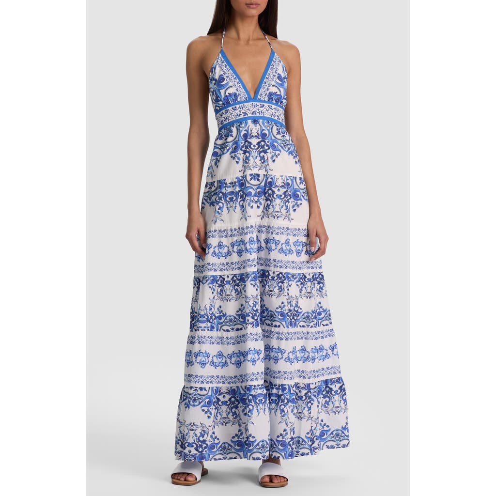 ALICE + OLIVIA Karolina Print Cotton Halter Maxi Dress in Solstice at Nordstrom, Size 14