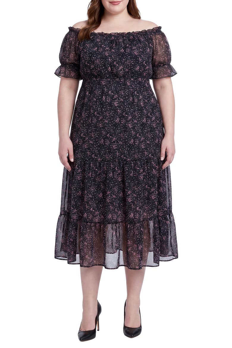 Floral Off the Shoulder Midi Dress, Main, color, BLACK FLORAL