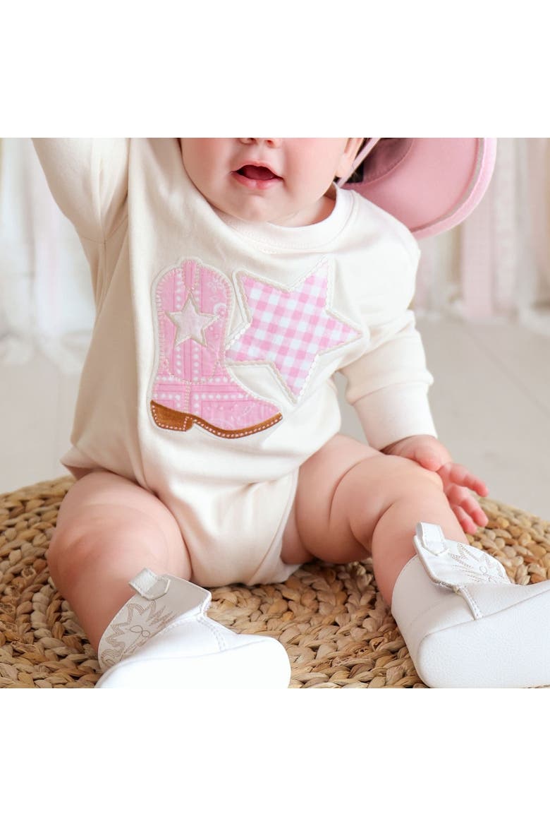 Bandana Cowgirl Patch Western Long Sleeve Romper, Alternate, color, Natural Heather