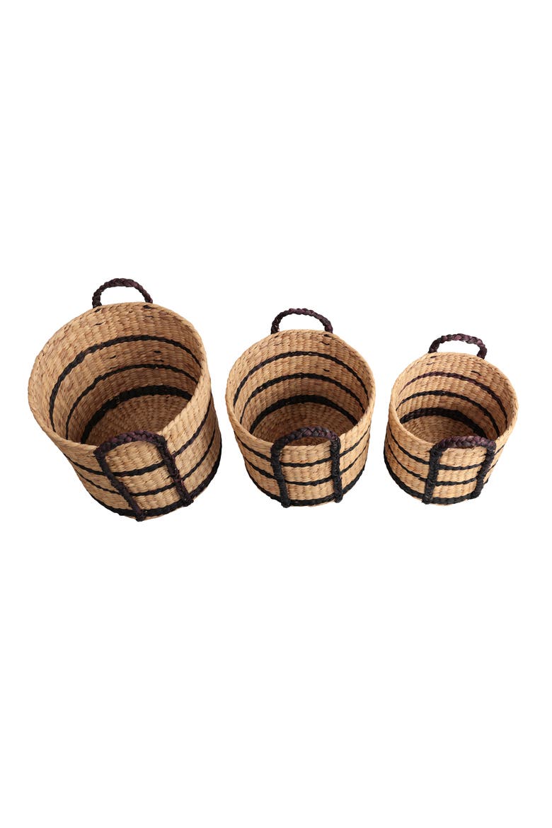 Stripe Handwoven Water Hyacinth Nesting Storage Baskets with Handles, Alternate, color, Natural/Black