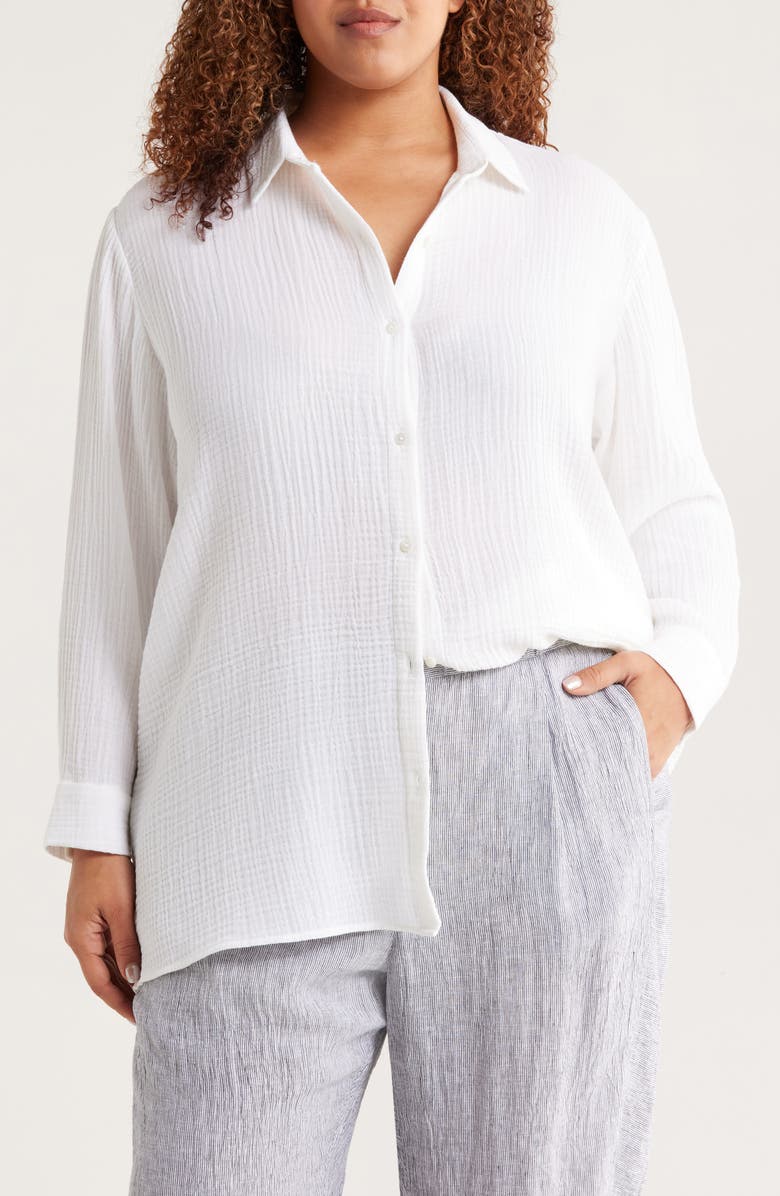 Eileen Fisher Classic Collar Easy Organic Cotton Button-Up Shirt, Main, color, White