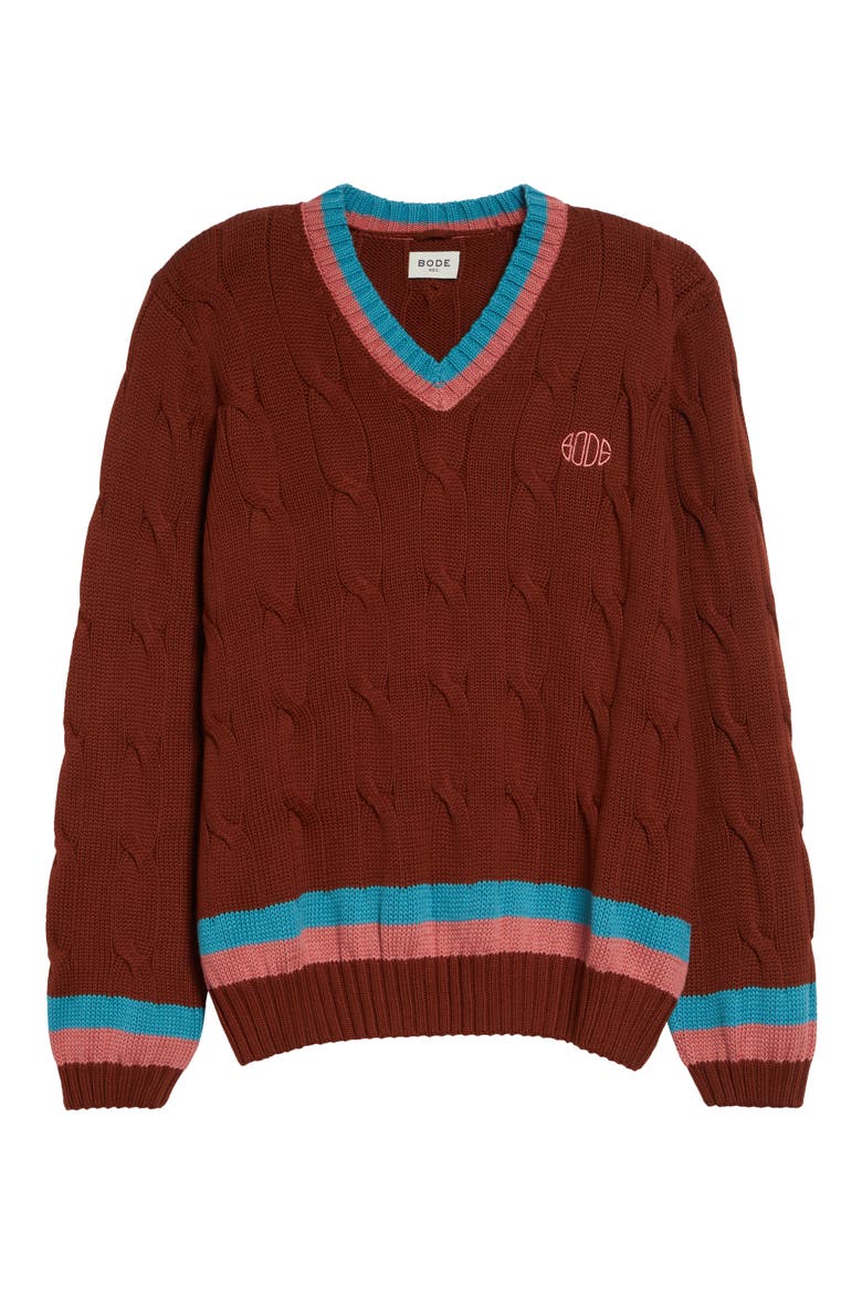 Cable Knit Cotton Tennis Sweater, Alternate, color, BROWN