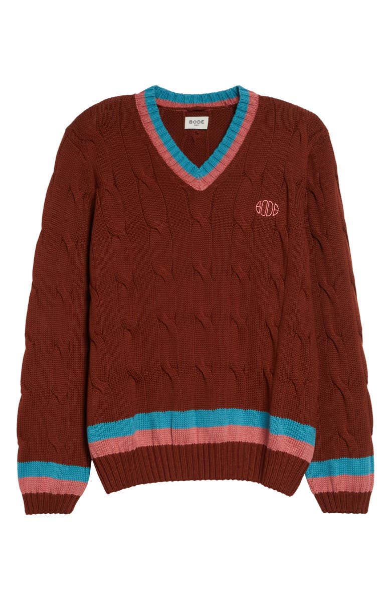Bode Cable Knit Cotton Tennis Sweater, Main, color, Brown