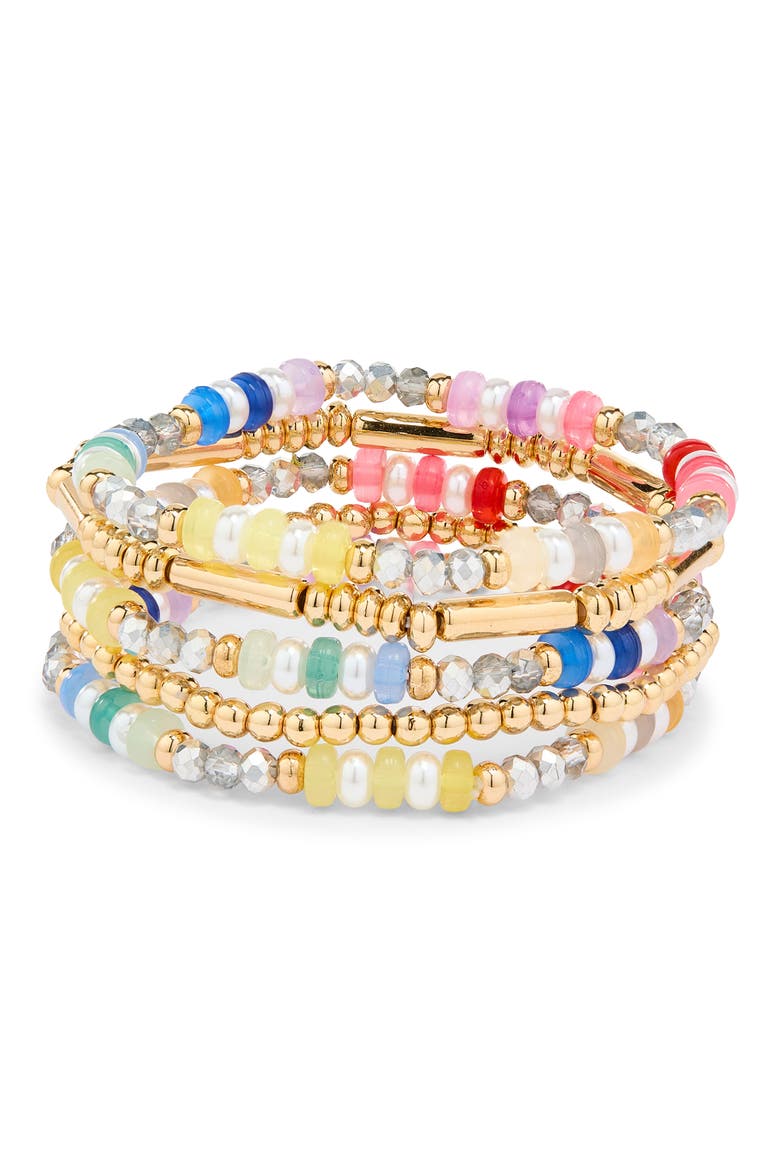 Set of 5 Beaded Stretch Bracelets, Main, color, PINK MULTI- GOLD