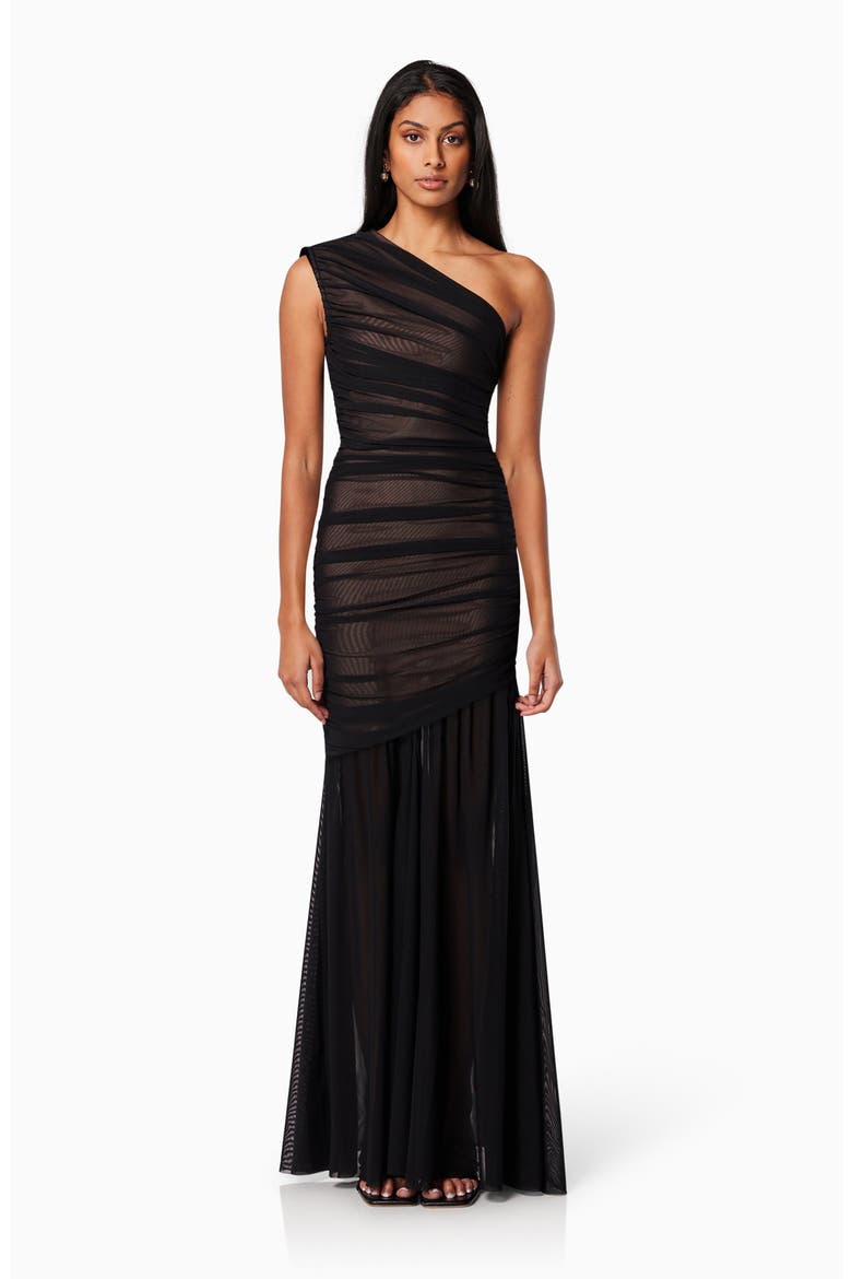 Vienna Ruched One-Shoulder Gown, Alternate, color, BLACK