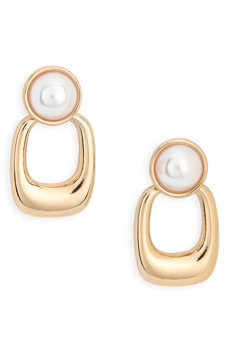 Ettika Faux Pearl Oval Drop Earrings, Main, color, Gold