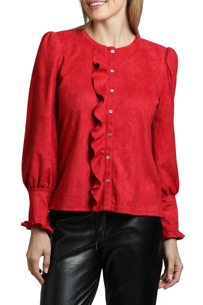 Ruffle Puff Sleeve Faux Suede Button-Up Shirt, Main, color, RED