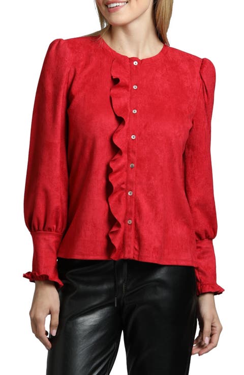 Ruffle Puff Sleeve Faux Suede Button-Up Shirt