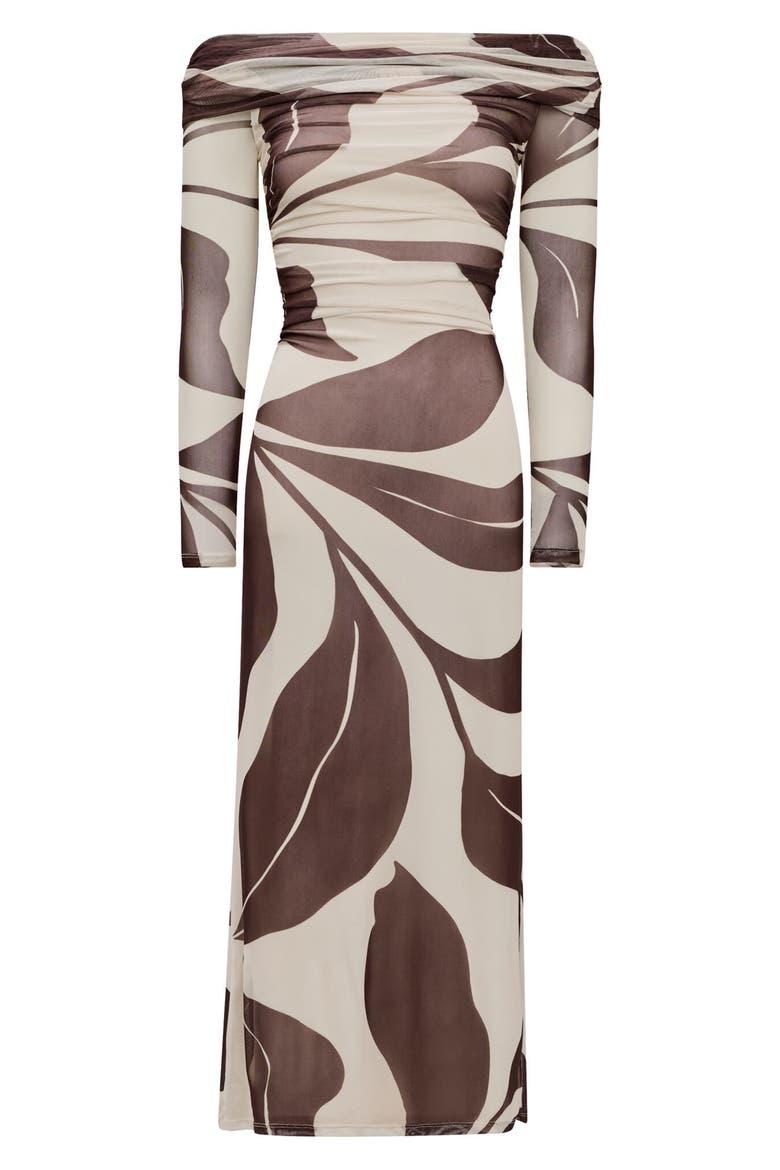 Minnie Long Sleeve Off the Shoulder Mesh Midi Dress, Alternate, color, LISTON STENCIL