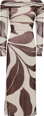 Ever New Minnie Long Sleeve Off the Shoulder Mesh Midi Dress