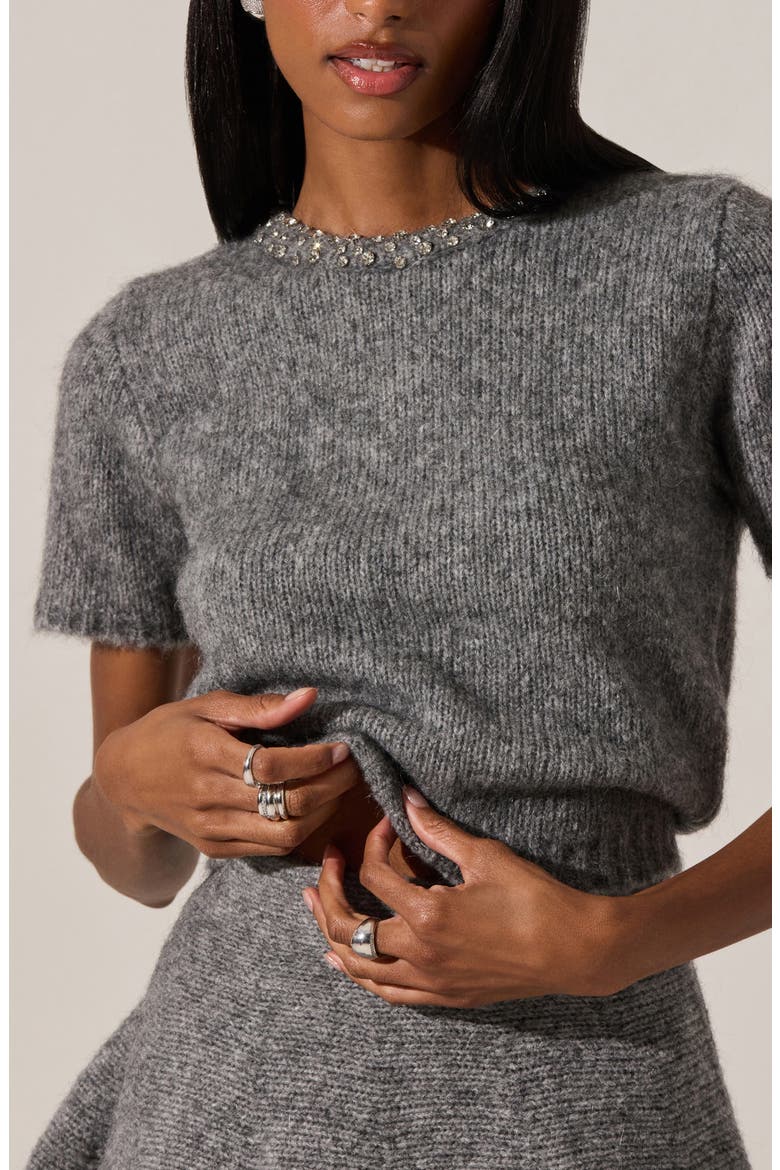 Malvie Embellished Neck Short Sleeve Sweater, Alternate, color, GREY