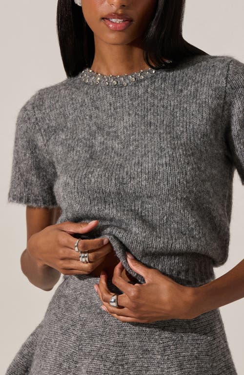 Astr The Label Malvie Embellished Neck Short Sleeve Sweater In Gray