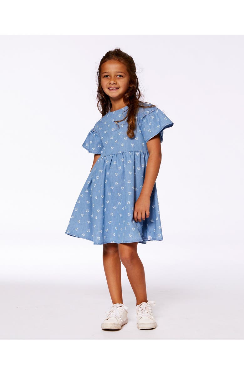 Deux par Deux Little Girl's Printed Chambray Dress Blue And White Cherries, Alternate, color,