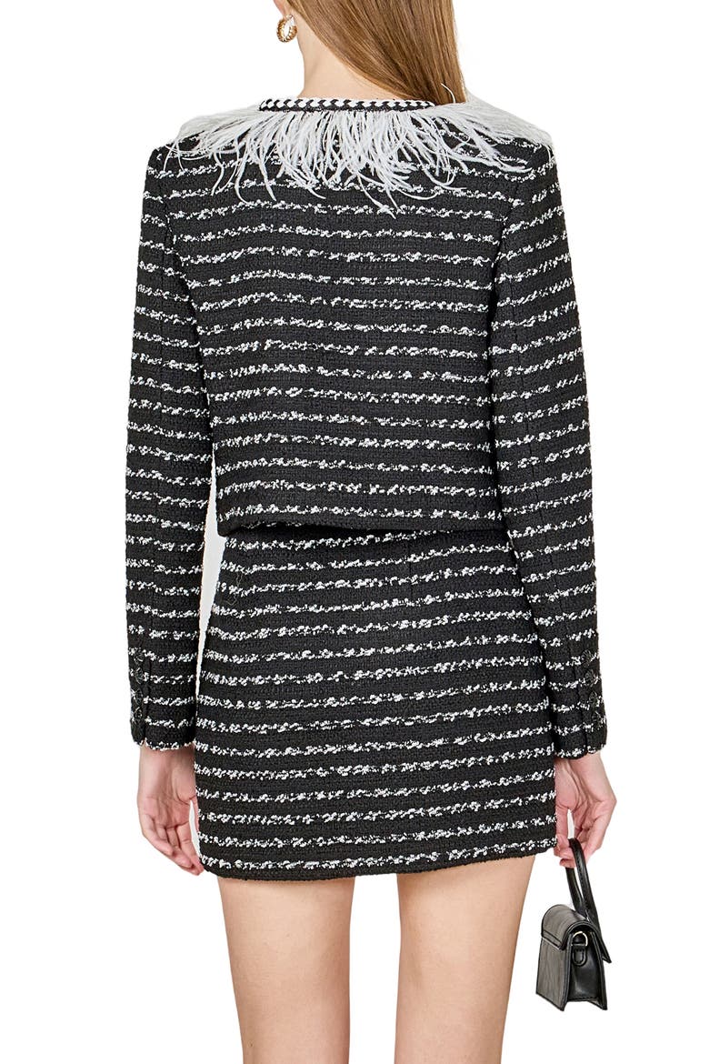 Feather Trim Tweed Jacket, Alternate, color, BLACK