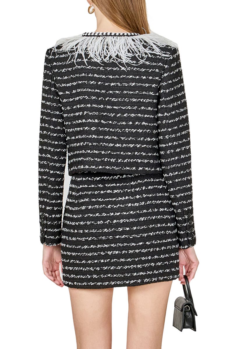 Endless Rose Feather Trim Tweed Jacket, Alternate, color, Black