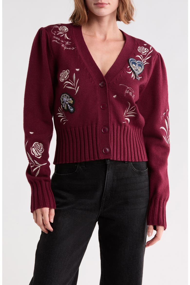 Morgan Heritage Rose Patch Cardigan, Main, color, MULBERRY MULTI