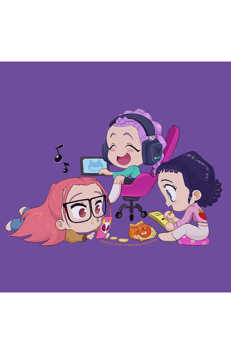 KPop Demon Hunters Junior's KPop Demon Hunters Chibi Girls Playing Graphic T-Shirt, Alternate, color, Purple