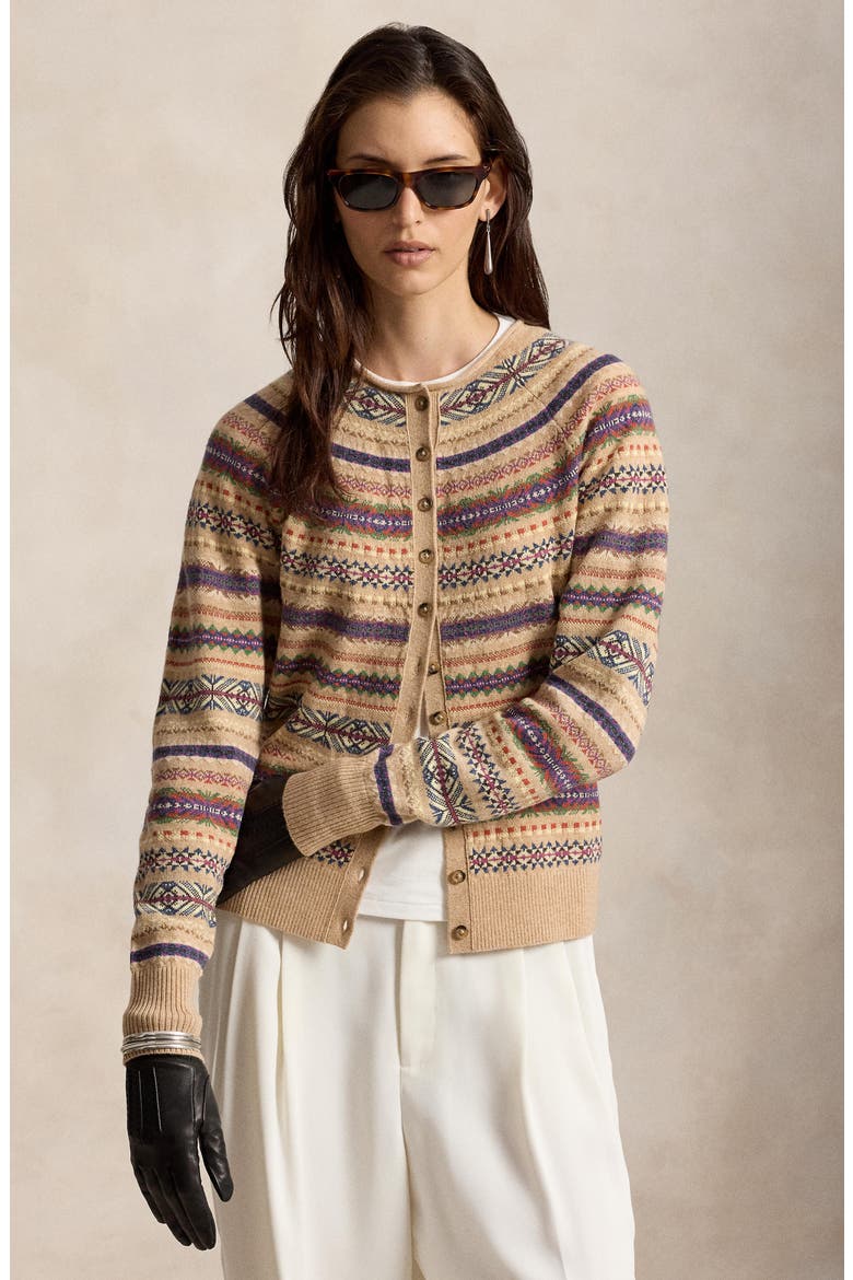 Fair Isle Wool Blend Cardigan, Alternate, color, TAN MULTI