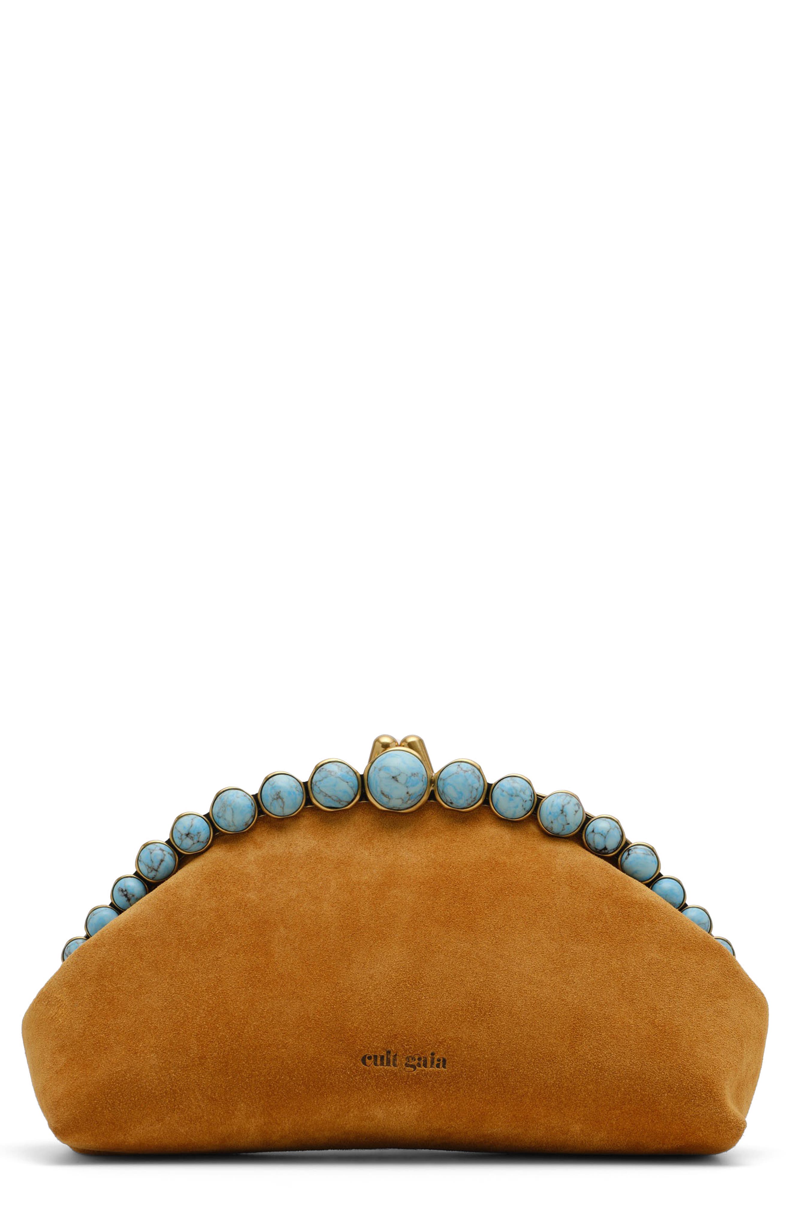 Cult Gaia Una Suede Frame Clutch, Main, color, Toasted Caramel