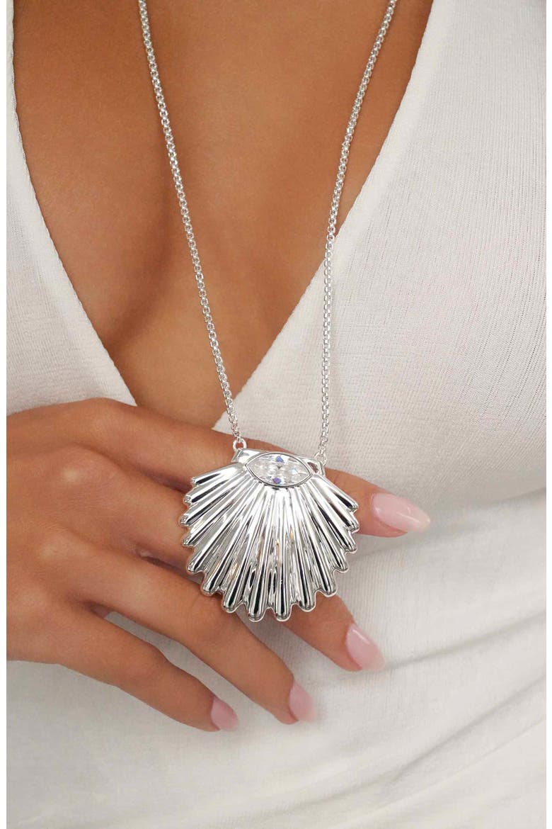 Cubic Zirconia Scalloped Shell Pendant Necklace, Alternate, color, SILVER