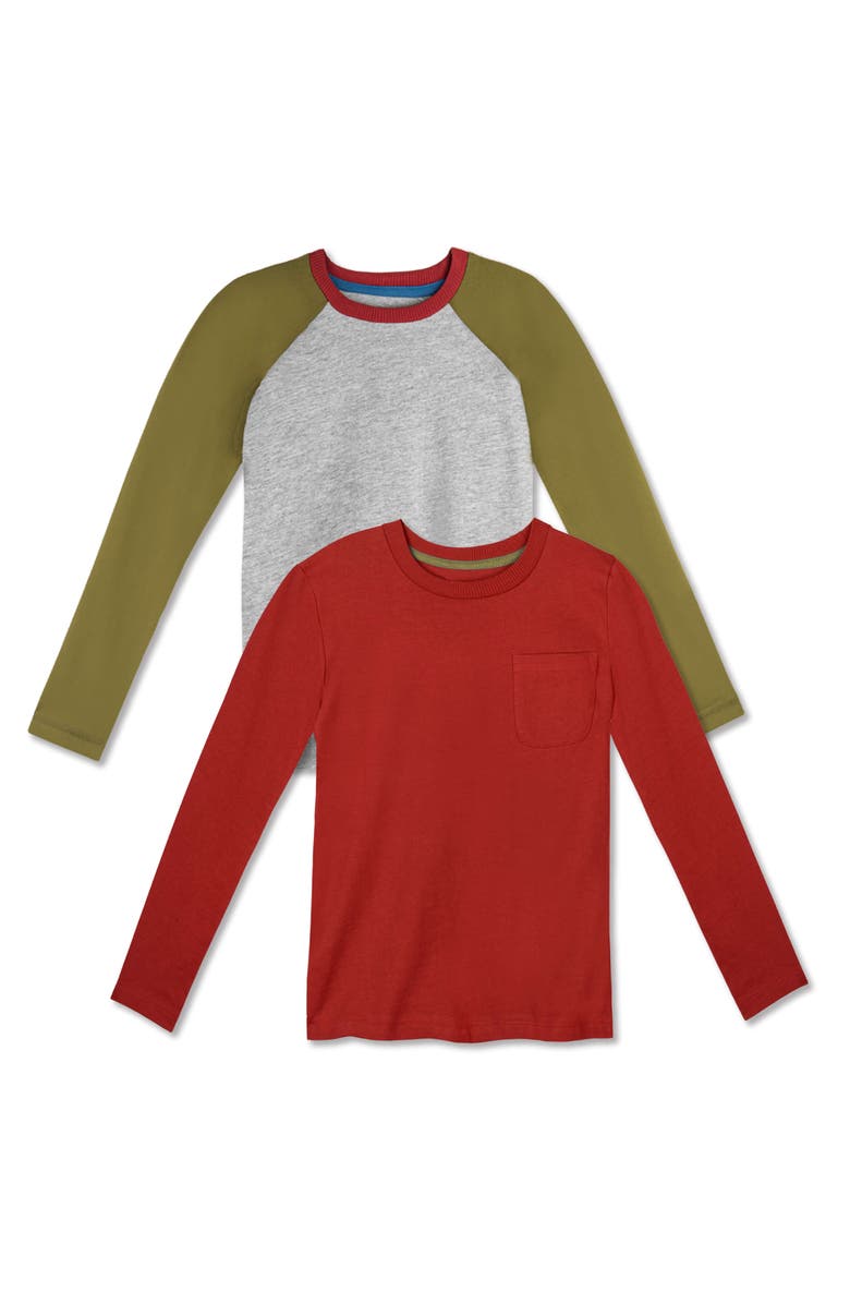 Mightly Organic Cotton Kids Long Sleeve T-Shirt 2-pack, Main, color, Olive, Rust And Heather Gray