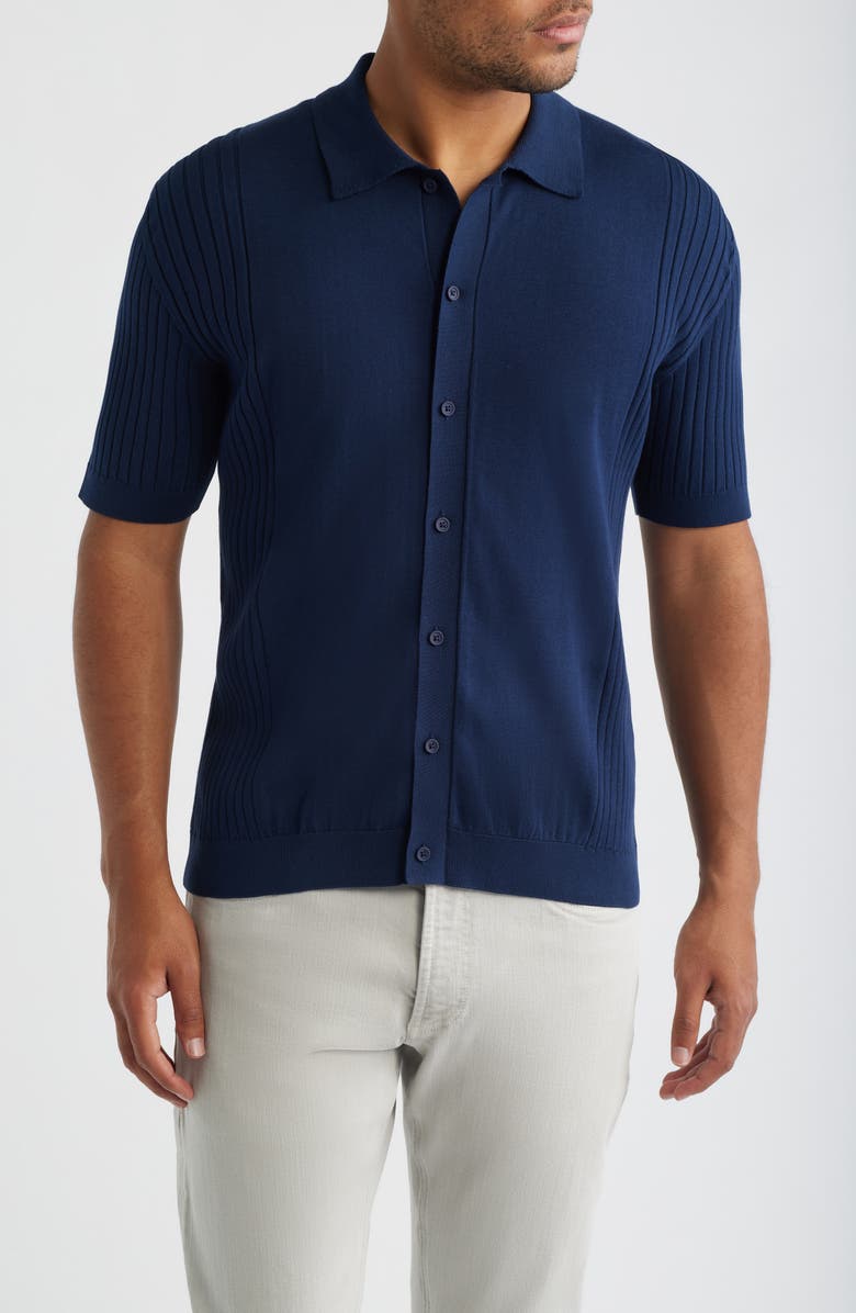 34 Heritage Short Sleeve Button-Up Cotton & Silk Sweater, Main, color, Dress Blues