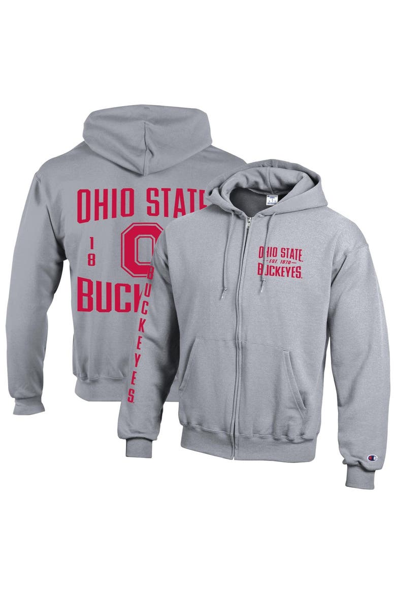 Men's Champion  Heather Gray Ohio State Buckeyes Varsity Powerblend Full-Zip Fleece Hoodie, Main, color, Heather Gray