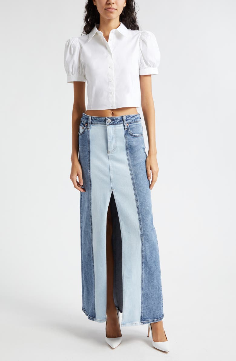 Alice + Olivia Willa Puff Sleeve Crop Cotton Blend Button-Up Shirt, Alternate, color, 