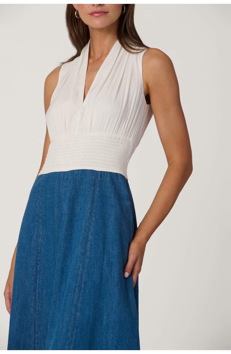 Shoshanna Crinkle Chiffon Denim Combo Bentley Dress, Alternate, color, Ivory