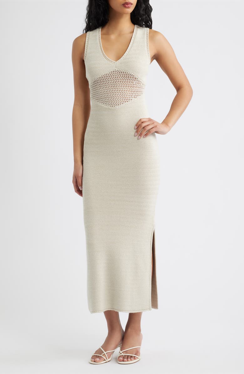Torn by Ronny Kobo Melanie Crochet Body-Con Midi Dress, Main, color, Almond/ White