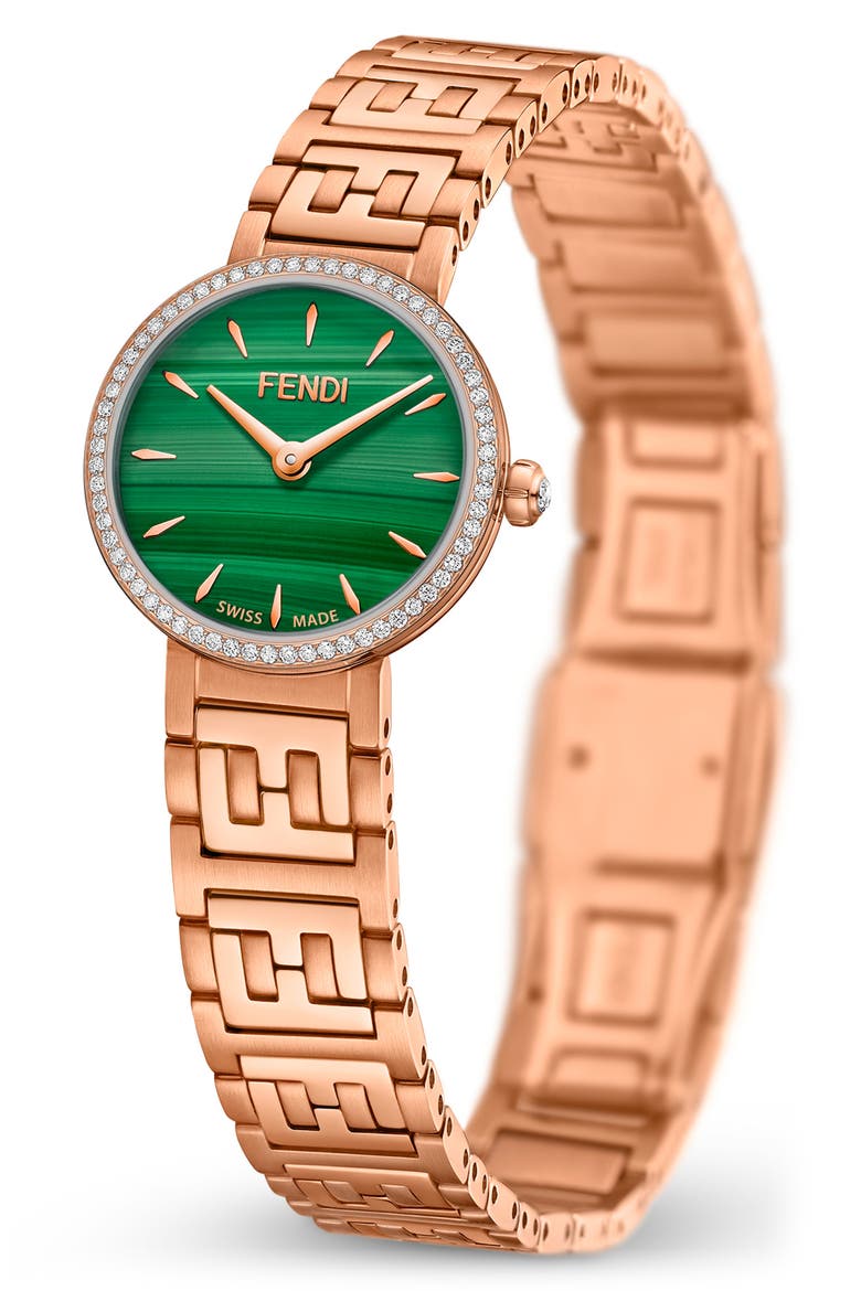Forever Fendi Diamond Bracelet Watch, 19mm, Alternate, color, ROSE GOLD/ GREEN/ ROSE GOLD