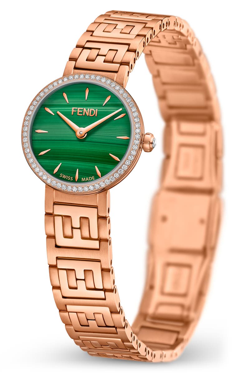 Fendi Forever Fendi Diamond Bracelet Watch, 19mm, Alternate, color, Rose Gold/ Green/ Rose Gold