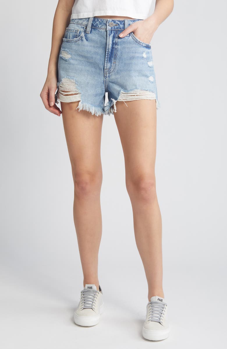 HIDDEN JEANS Fray Hem Cutoff Denim Mom Shorts, Main, color,