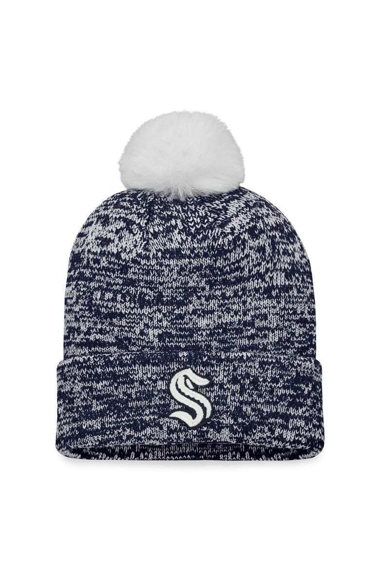 Women's Fanatics Branded Deep Sea Blue Seattle Kraken Glimmer Cuffed Knit Hat with Pom, Main, color, Navy