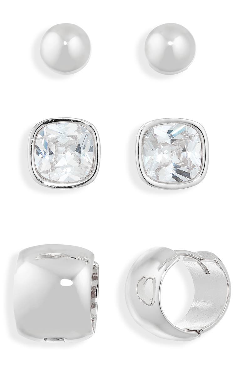 Set of 3 Cubic Zirconia Stud & Huggie Hoop Earrings, Main, color, CLEAR- SILVER