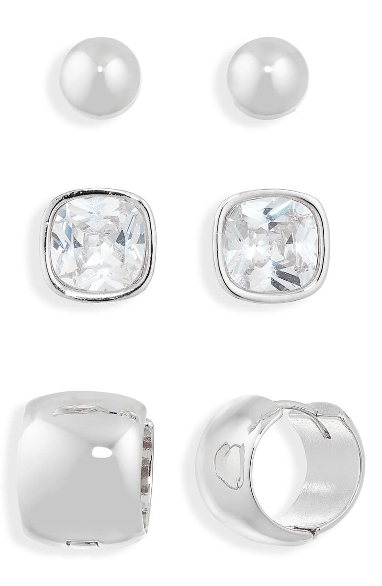 NORDSTROM RACK Set of 3 Cubic Zirconia Stud & Huggie Hoop Earrings, Main, color, Clear- Silver