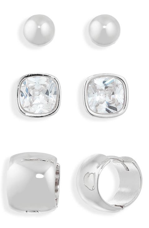 Set of 3 Cubic Zirconia Stud & Huggie Hoop Earrings