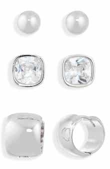 NORDSTROM RACK Set of 3 Cubic Zirconia Stud & Huggie Hoop Earrings