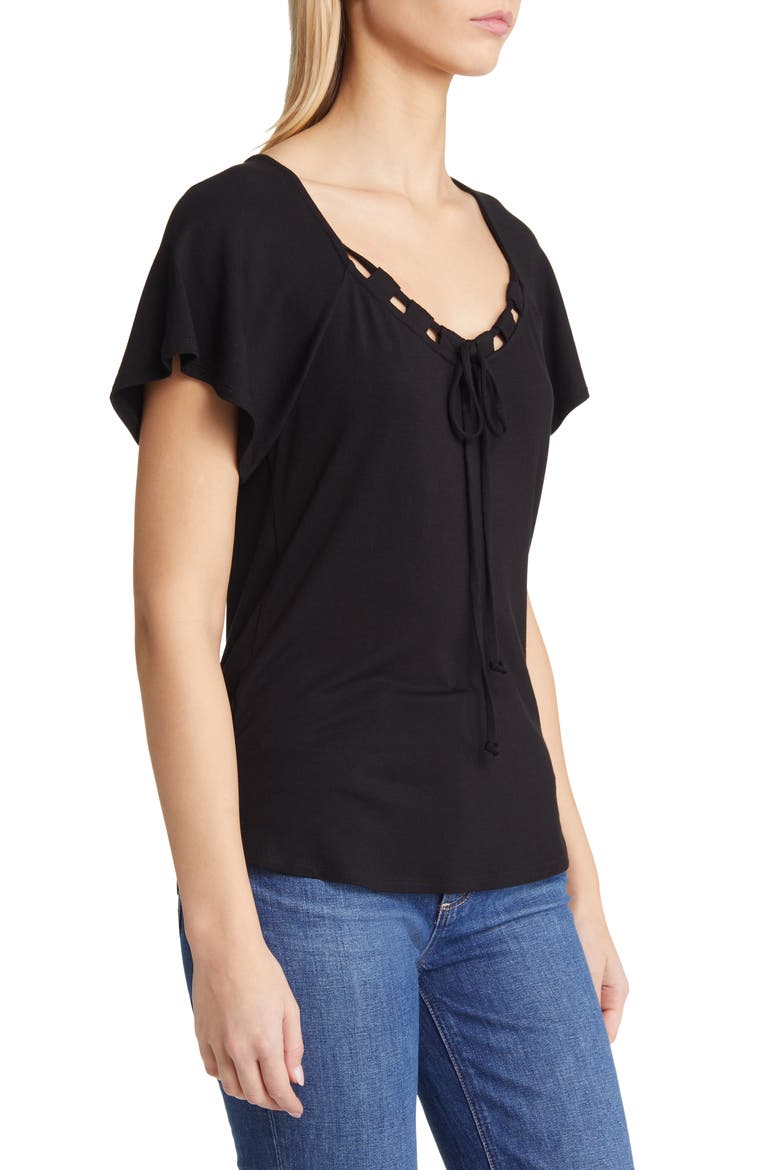 Tie Neck Flutter Sleeve Top, Alternate, color, BLACK