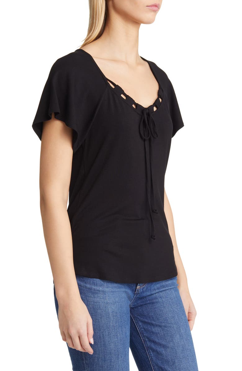 Loveappella Tie Neck Flutter Sleeve Top, Alternate, color, Black