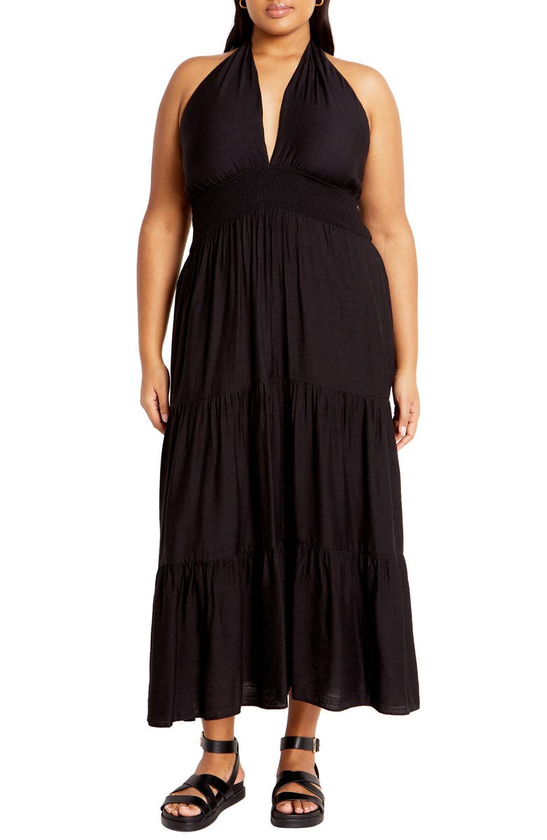 City Chic Dallas Tiered Halter Midi Dress, Main, color, Black