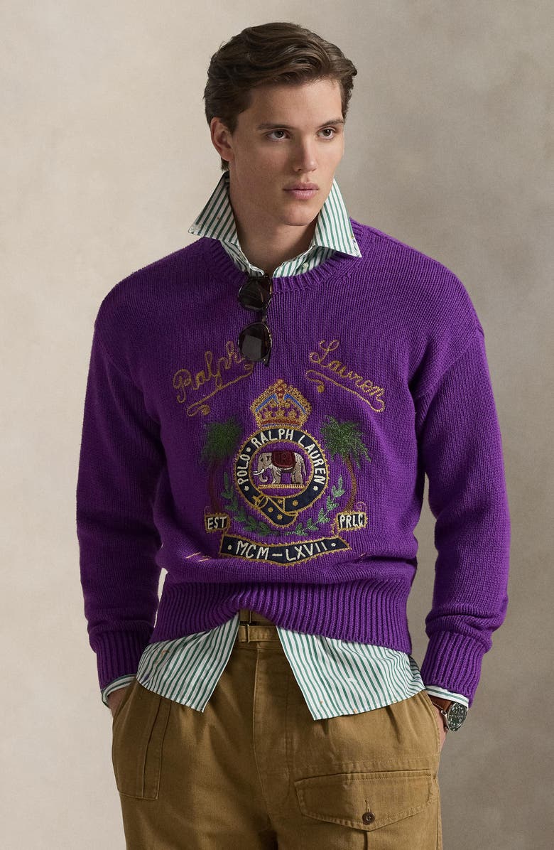 Polo Ralph Lauren Embroidered Cotton Sweater, Alternate, color, Passionflower Purple Heather