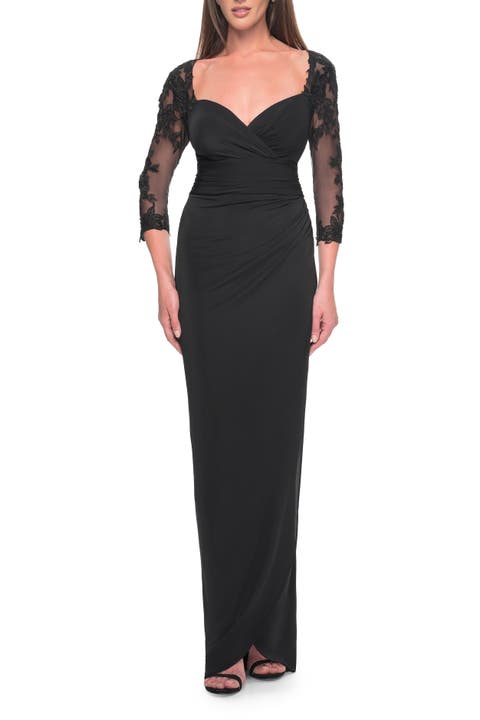 Long Jersey Evening Dress with Lace Sleeves