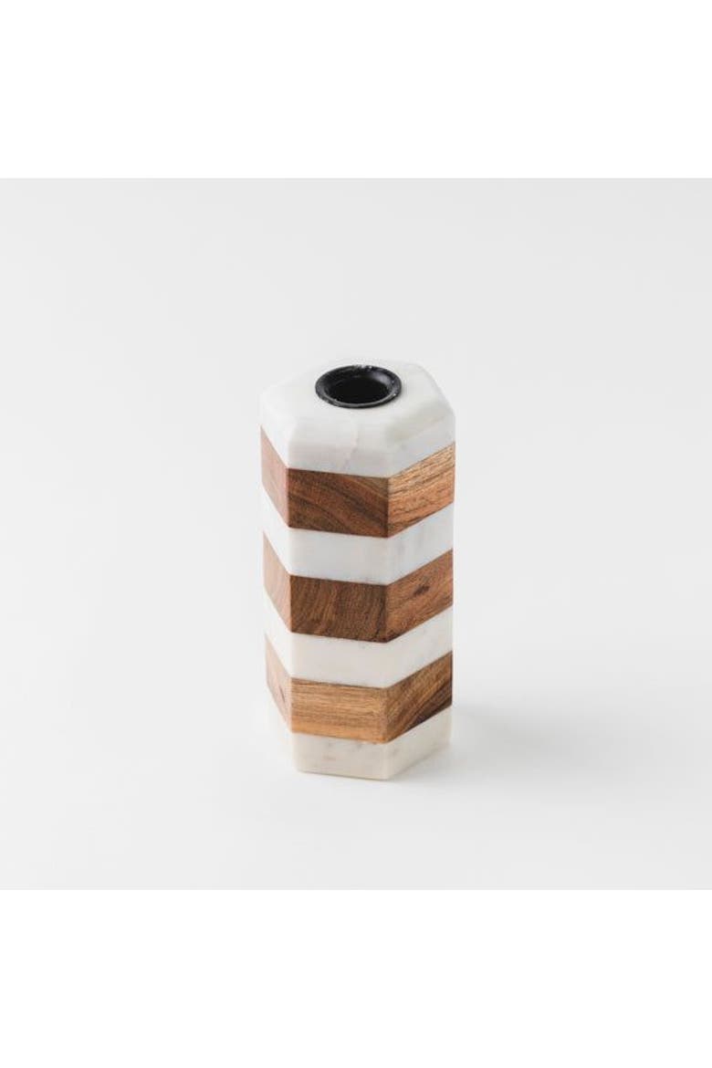 Striped Marble & Acacia Candleholders, Main, color, White