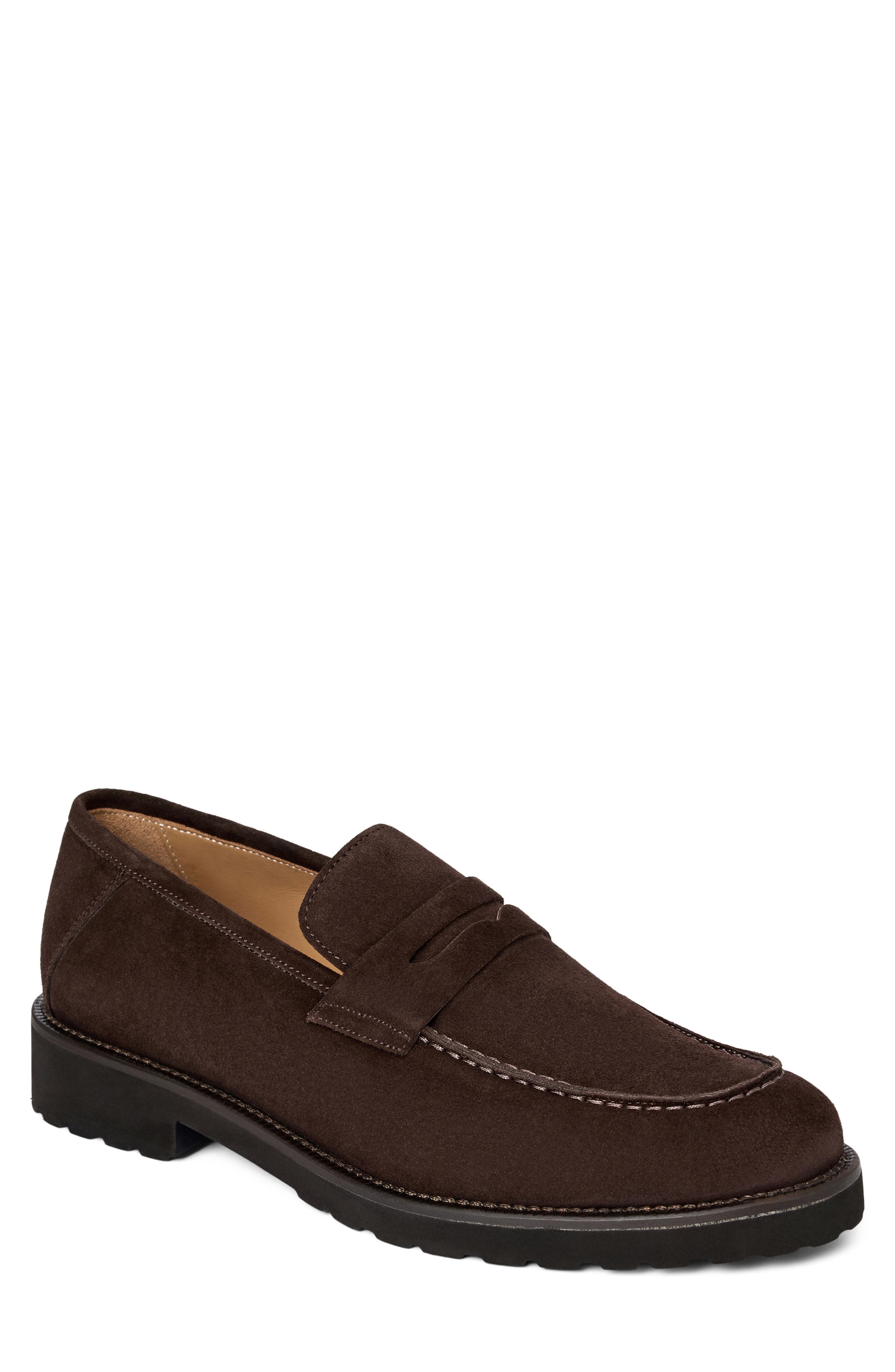 Zeri Leather Penny Loafer, Main, color, DARK BROWN SUEDE