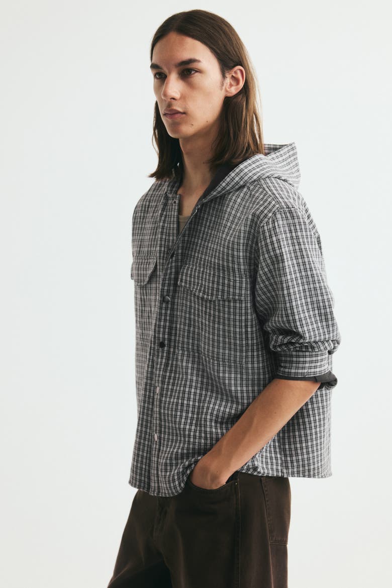 Hooded Cotton Overshirt, Alternate, color, Black/checked