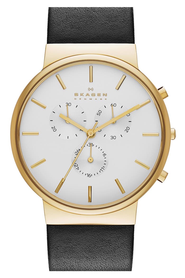 'Ancher' Chronograph Leather Strap Watch, 40mm, Main, color, BLACK/ GOLD