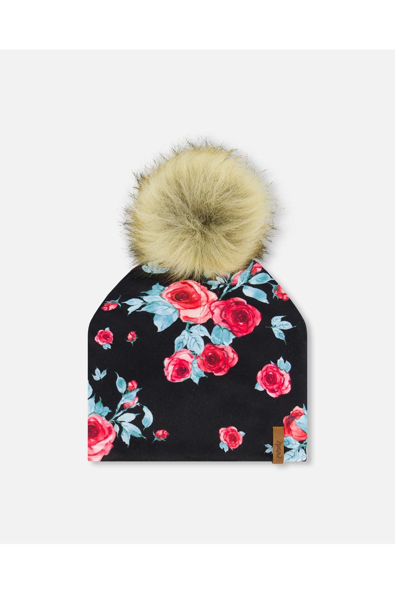 Baby Girl's Mid-Season Jersey Detachable Pompom Hat Black Printed Roses, Main, color, Printed Roses