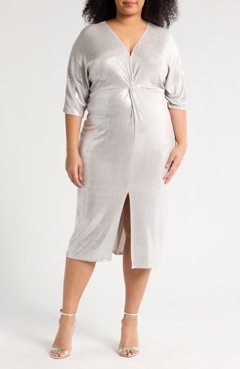 Marina Metallic Short Sleeve Midi Dress, Main, color, Silver